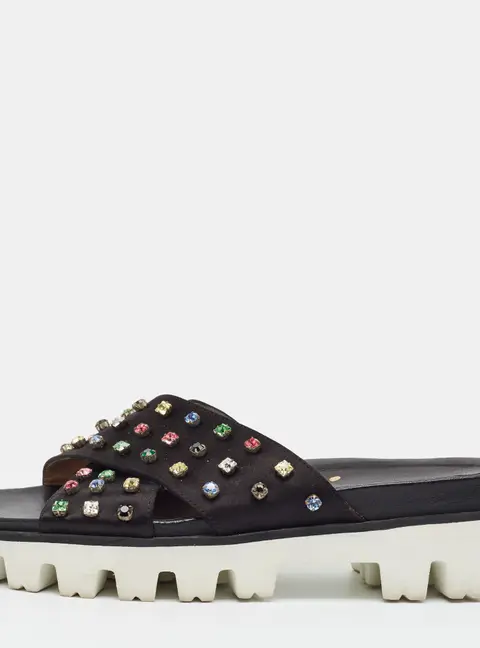 Valentino RED Size 41 Black Satin Criss Cross Crystal Embellished Platform Flat Slide