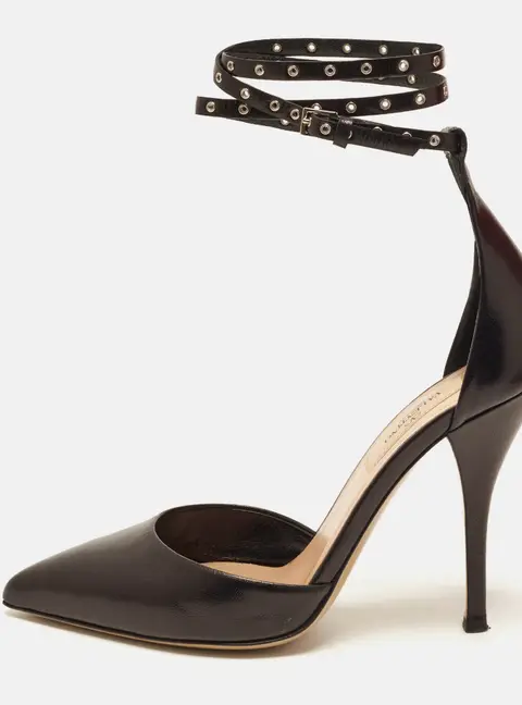 Valentino Rockstud Size 37 Black Leather Ankle Strap Pumps