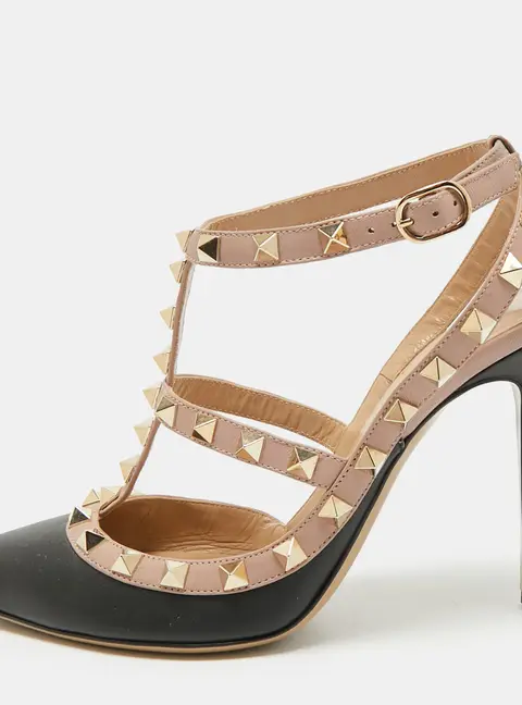 Valentino Rockstud Size 37 Black/Beige Leather and Patent Leather Pumps