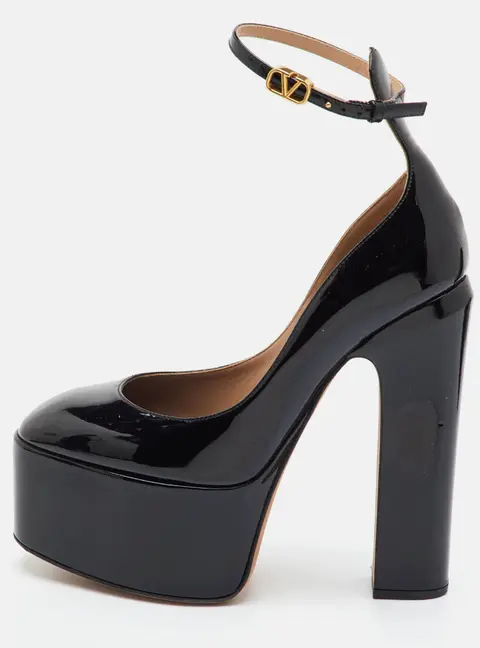 Valentino Tan-Go Size 37 Black Patent Leather Platform Block Heel Pumps