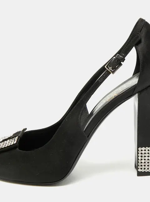 Valentino Size 40.5 Black Satin Crystal Embellished Block Heel Pumps
