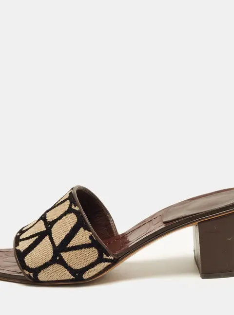 Valentino Iconographe Size 38 Beige/Brown Jacquard and Leather Slide Sandals