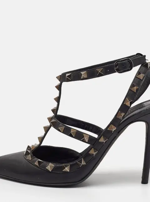 Valentino Rockstud Size 36.5 Black Leather Ankle Strap Pumps