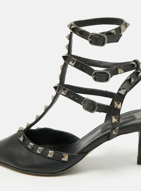 Valentino Rockstud Size 39 Black Leather Caged Ankle Strap Pumps