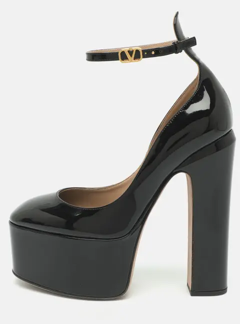 Valentino Tan-Go Size 37.5 Black Patent Leather Platform Pumps