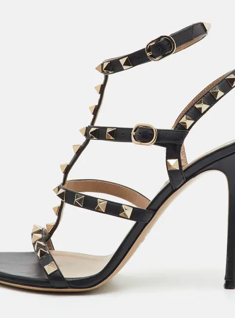 Valentino Rockstud Size 38.5 Black Leather Ankle Strap Sandals