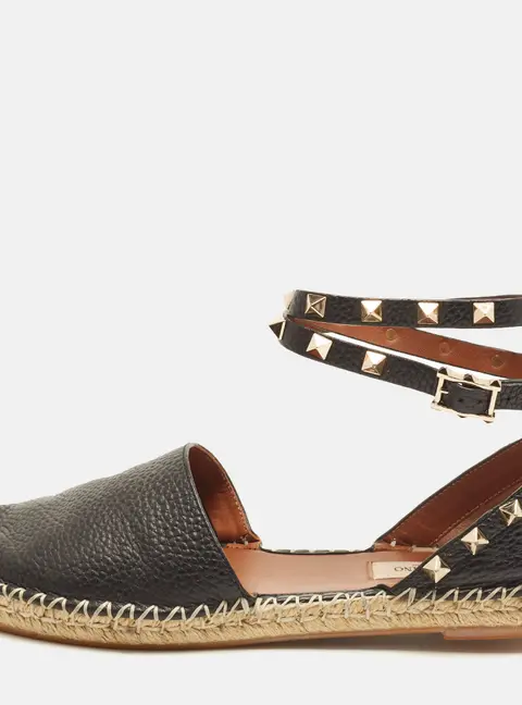 Valentino Rockstud Size 38 Black Leather Espadrille Flats