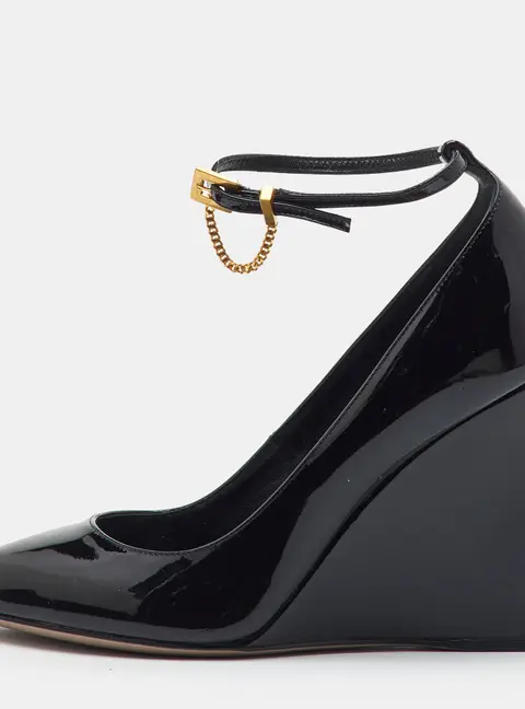 Valentino Garavani Ringstud Size 36 Black Patent Leather Ankle Strap Wedge Pumps