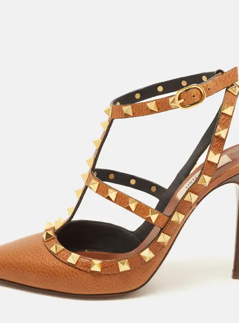 Valentino Rockstud Size 37.5 Brown Leather Ankle Strap  Pumps
