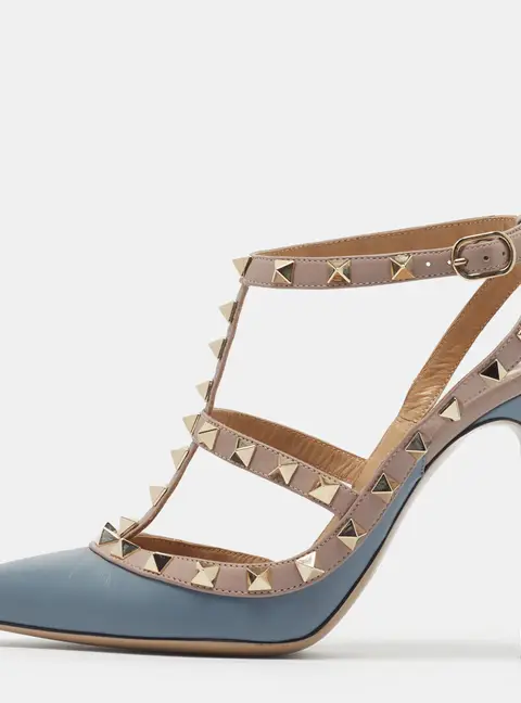 Valentino Rockstud Caged Size 37 Grey/Blue Leather Ankle Strap Pumps