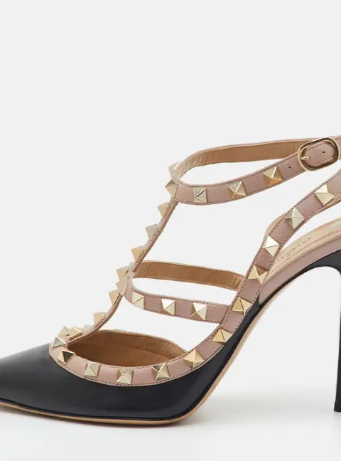 Valentino Size 38.5 Black/Beige Leather Rockstud Caged Ankle Strap Pumps