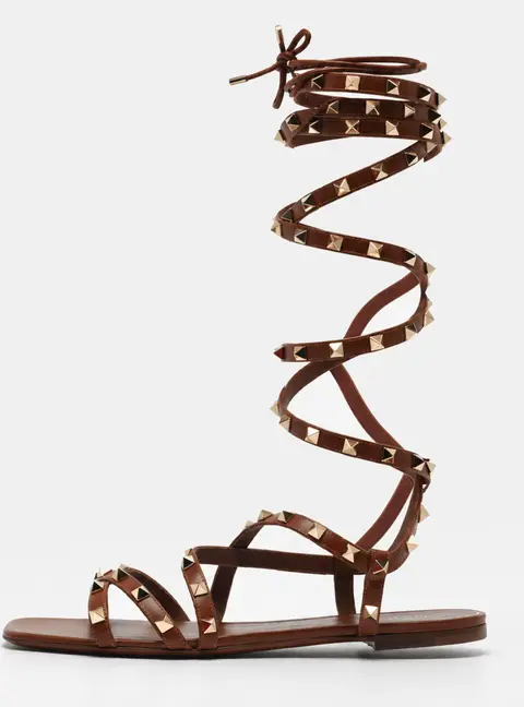 Valentino Rockstud Size 41 Brown Leather Gladiator Flat Sandals