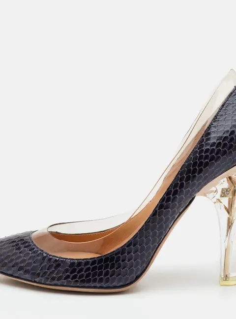 Valentino Rockstud Heel Size 39 Navy Blue Snakeskin Leather and PVC Pumps
