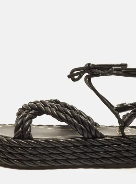Valentino The Rope Size 38 Black Braided Leather Ankle Tie Platform Sandals