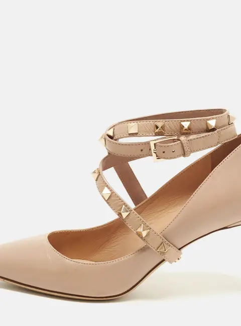 Valentino Rockstud Size 36.5 Beige Leather Ankle Strap Pumps