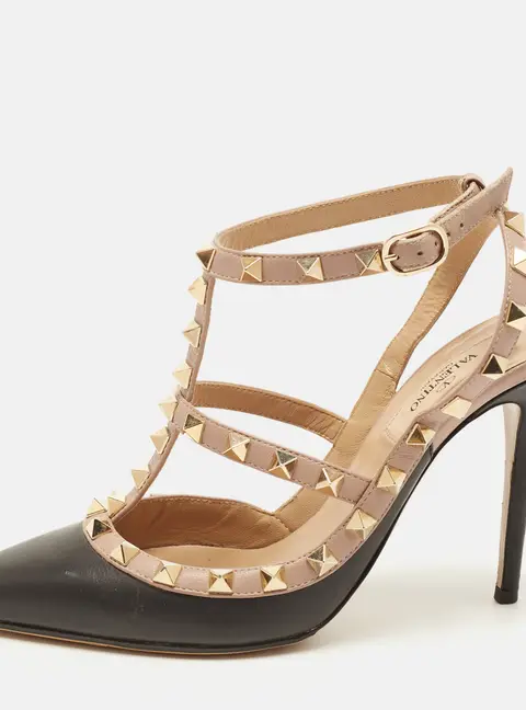 Valentino Rockstud Size 37 Black/Pink Leather Ankle Strap Pumps