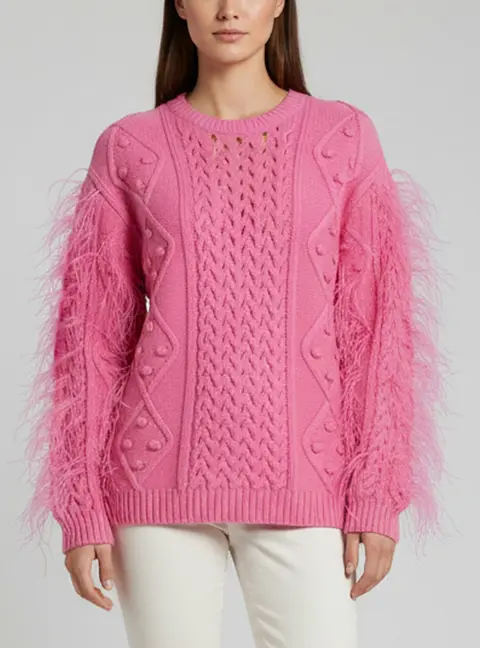 Valentino Pink Knit Feather Detail Long Sleeve Sweater S