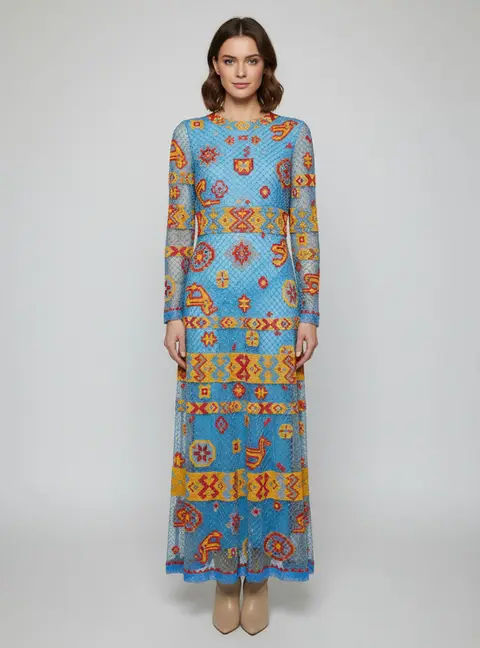 Valentino Blue Multicolored Bead Embellished Tribal Aztec Gown L