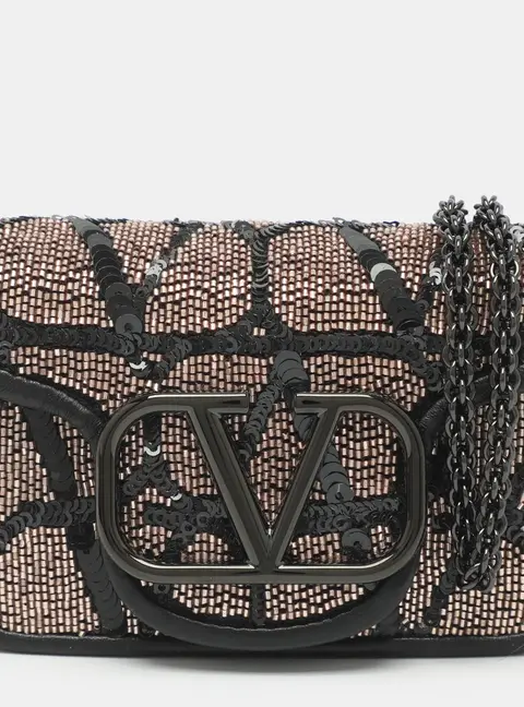 Valentino Loco Micro Black Beads and Leather and Sequins Crossbody Bag