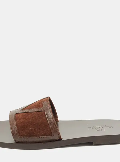 Valentino Viva Superstar Size 40.5 Dark Brown Leather and Suede Flat Slide