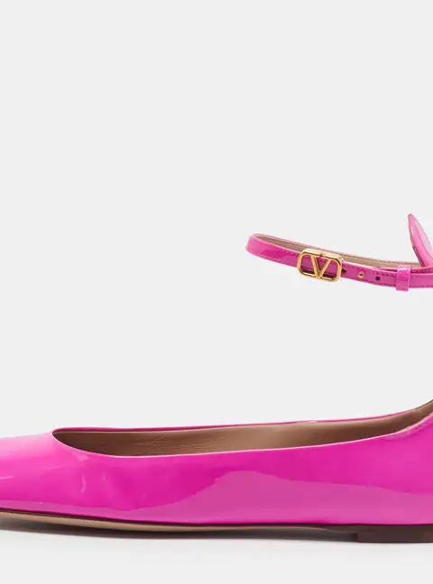Valentino Tan-Go Size 38 Neon Pink Patent Leather Ankle Strap Ballet Flats