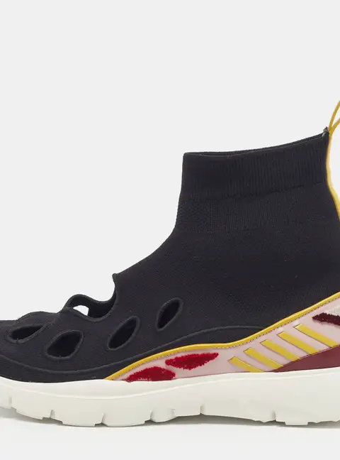 Valentino Heroes Tribe Size 40 Multicolor Cutout Knit Fabric and Leather High Top Sneakers