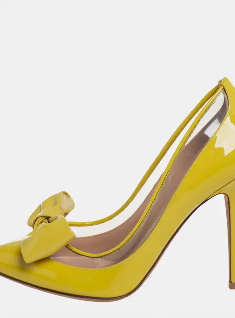 Valentino Yellow Patent Leather And PVC Bow Pointed Toe Pumps Size 39