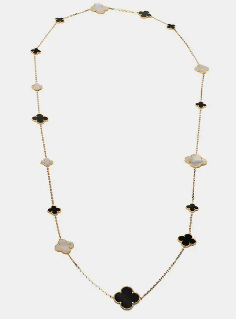 Van Cleef & Arpels Magic Alhambra Mother of Pearl 18k Yellow Gold 16 Motif Station Onyx Necklace