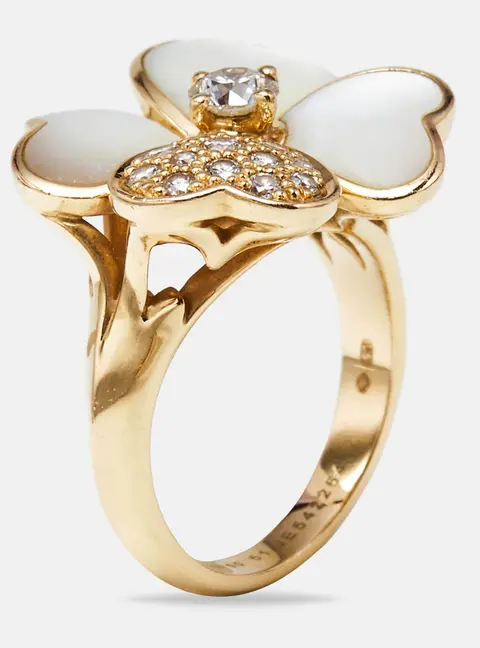 Van Cleef & Arpels Cosmos Mother of Pearl Diamonds 18k Rose Gold Medium Model Ring Size 51