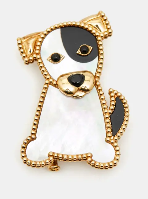 Van Cleef & Arpels Lucky Animal Dog Mother of Pearl 18k Yellow Gold Pin Brooch