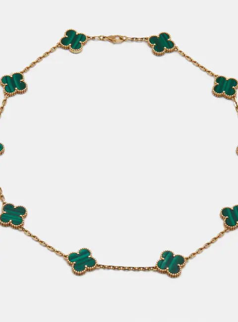Van Cleef & Arpels Vintage Alhambra Malachite 18k Yellow Gold 10 Motif Necklace
