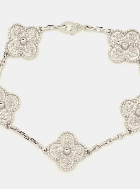 Van Cleef & Arpels Vintage Alhambra Hammered Special 18K White Gold 5 Motif Station Bracelet