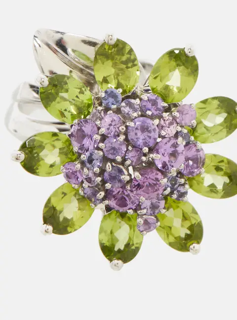 Van Cleef & Arpels Hawaii Amethyst Peridot 18k White Gold Cocktail Ring Size 50