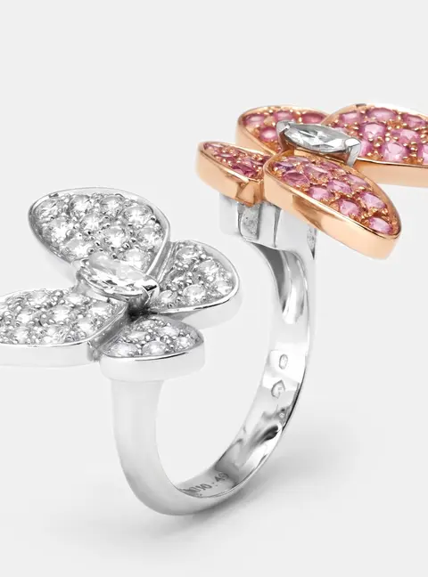 Van Cleef & Arpels Two Butterfly Between the Finger Diamond Pink Sapphire 18k Two Tone Gold Rings Size 49