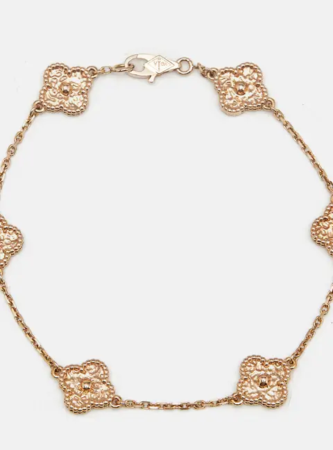 Van Cleef & Arpels Sweet Alhambra Hammered 18k Rose Gold 6 Motif Station Bracelet