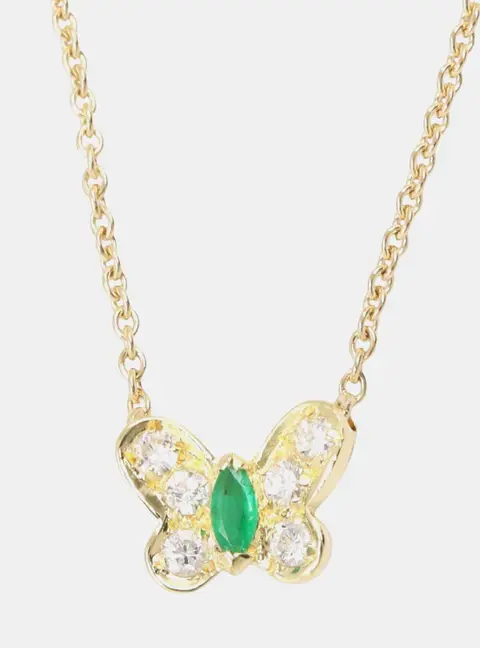 Van Cleef & Arpels Vintage Butterfly 0.10 Carat Marquise & Mixed Cut Emerald 18K Yellow Gold Pendant Necklace