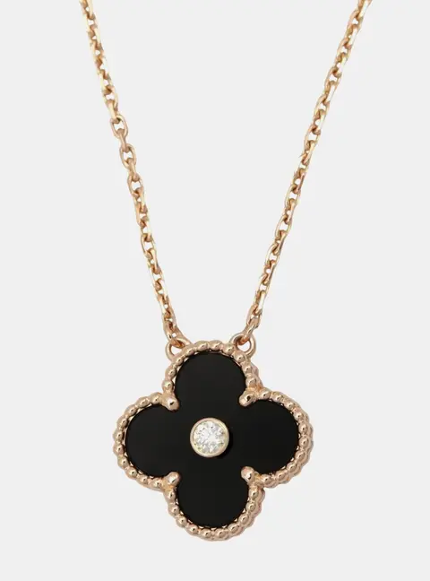 Van Cleef Arpels Vintage Alhambra 18k Rose Gold Onyx Diamond Pendant Necklace