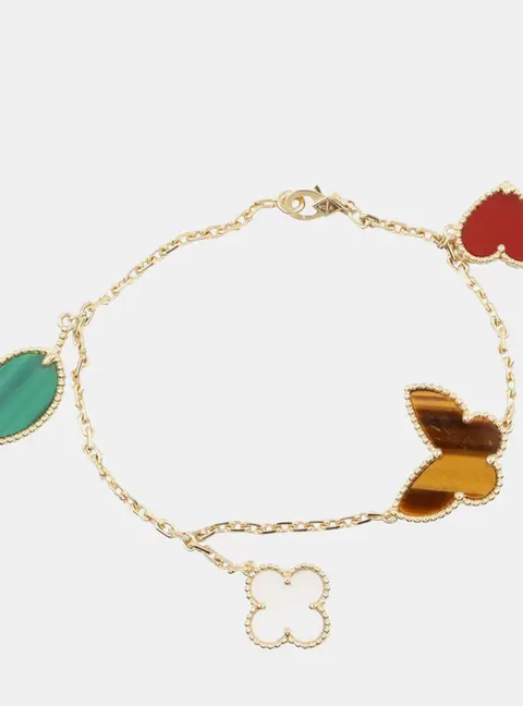 Van Cleef & Arpels Lucky Alhambra 18k Yellow Gold, Mother of Pearl, Malachite, Tiger Eye, Carnelian Bracelet