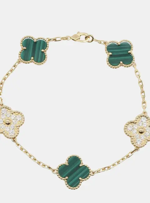 Van Cleef & Arpels Vintage Alhambra 18K Yellow Gold Malachite and Diamonds Bracelet