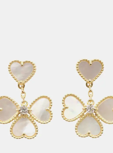 Van Cleef & Arpels Sweet Alhambra Effeuillage 18k Yellow Gold Diamond Mother of Pearl Drop Earrings