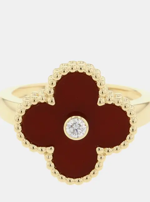 Van Cleef & Arpels Vintage Alhambra 18K Yellow Gold Carnelian, Diamond Ring EU 49