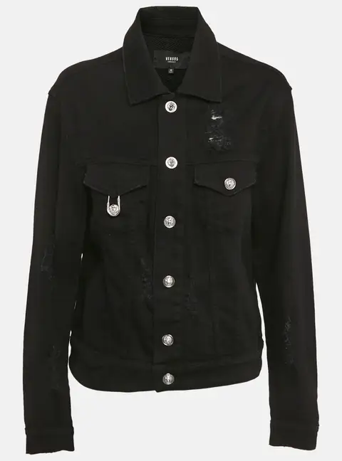 Versus Versace Black Distressed Denim Button Detail Jacket L