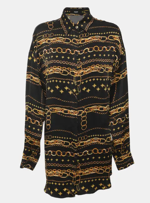 Versus Versace Black Chain Link Printed Silk Satin Long Sleeve Shirt