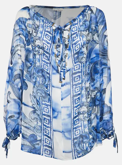 Versace Collection White/Blue Printed Chiffon Lace-Up Top M