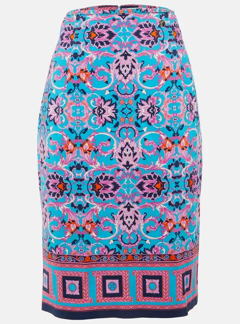 Versace Collection Blue Printed Crepe Midi Skirt M