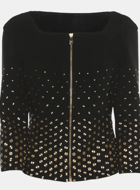 Versace Collection Black Stretch Crepe Gold Metal Applique Cropped Cardigan M