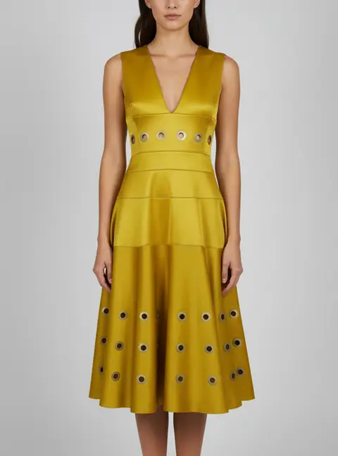 Versace Collection Yellow Canvas Rivet Detail Midi Dress S