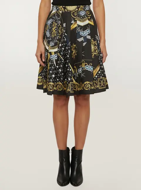 Versace Collection Black Baroque Print Satin Pleated Mini Skirt M