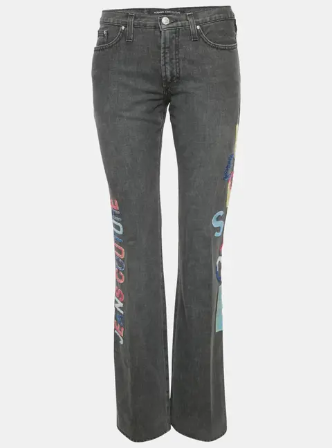 Versace Jeans Couture Grey Logo Embroidered Cotton Wide Leg Jeans M Waist 30"