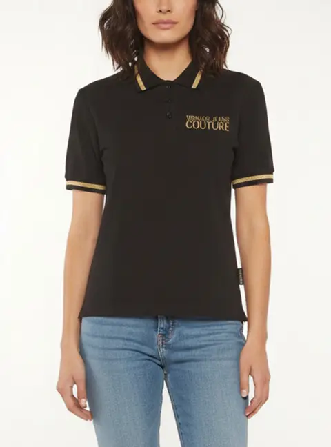 Versace Jeans Couture Black Logo Embroidered Cotton Pique Crop Polo T-Shirt M